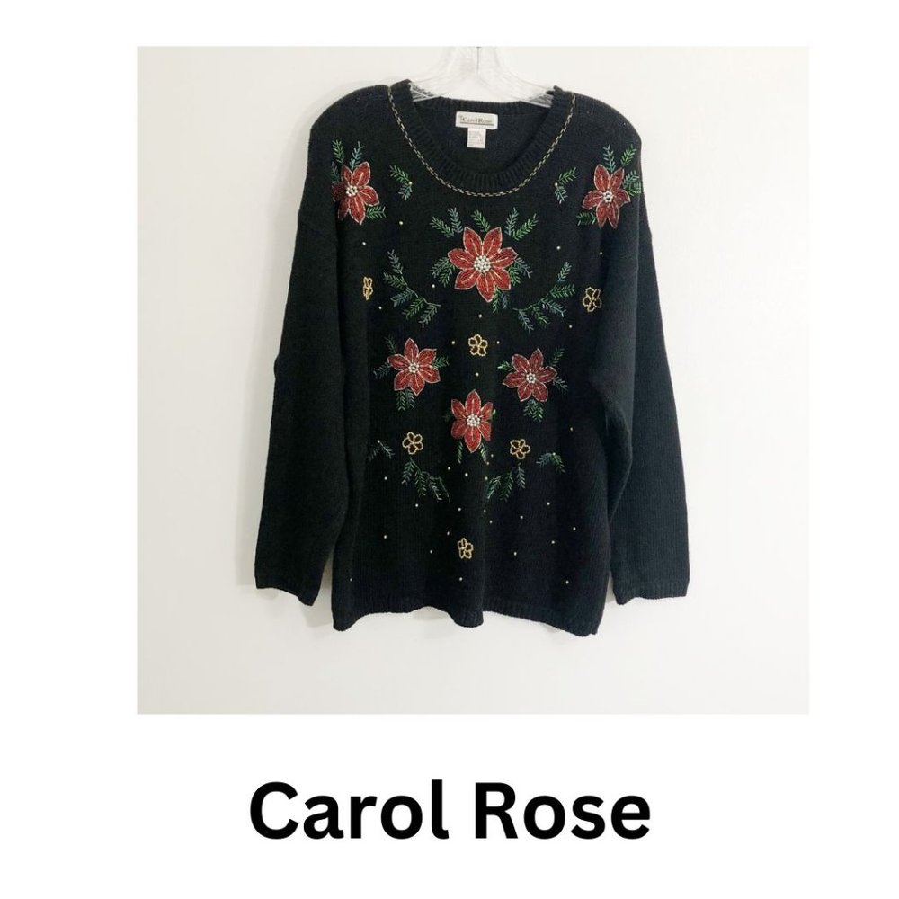Carol Rose Poinsettia Beaded Black Christmas Sweater Size L